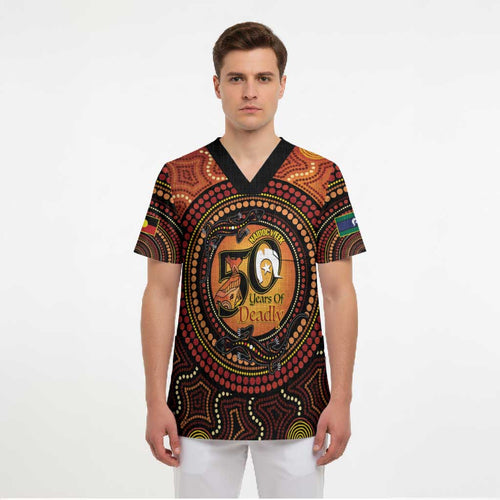 NAIDOC Week 2026 Personalised Scrub Top 50 Years of Deadly Lizard Kangaroo Aboriginal Art