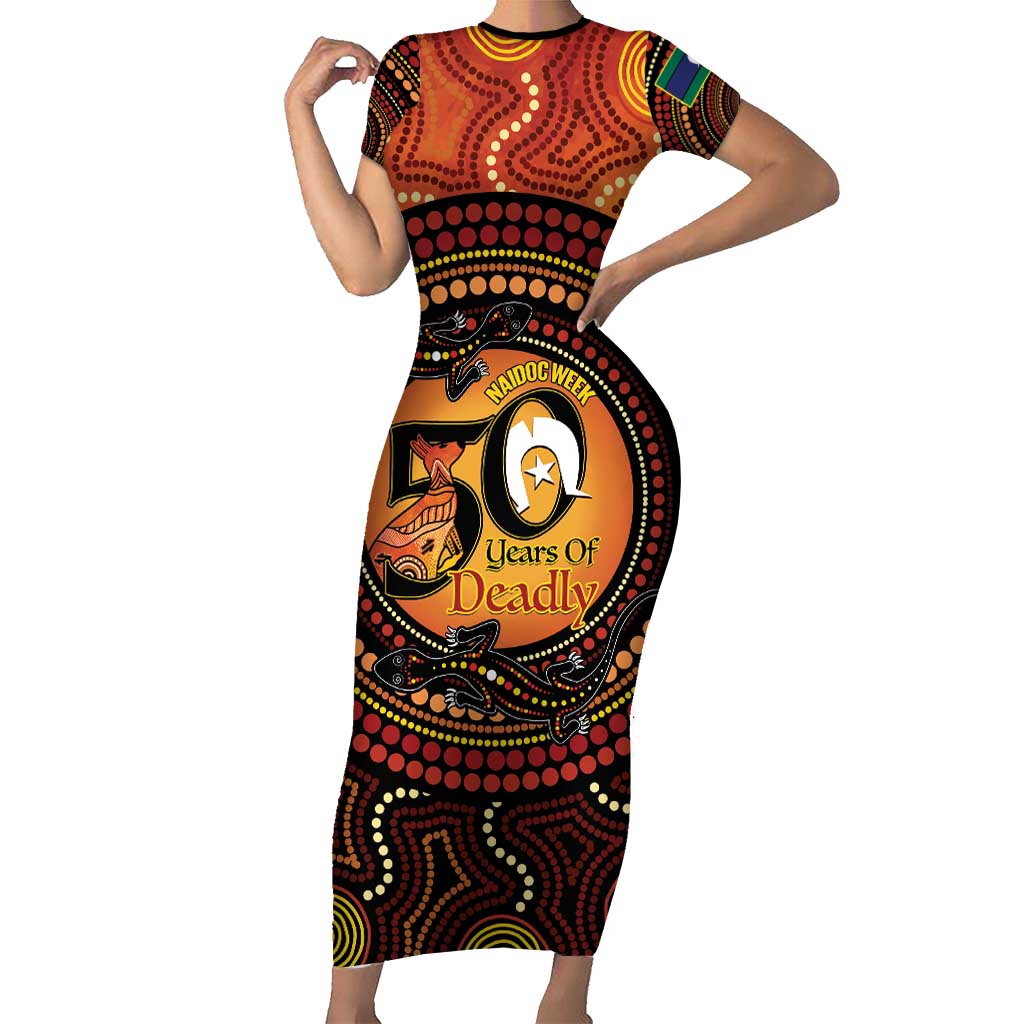 NAIDOC Week 2026 Personalised Short Sleeve Bodycon Dress 50 Years of Deadly Lizard Kangaroo Aboriginal Art