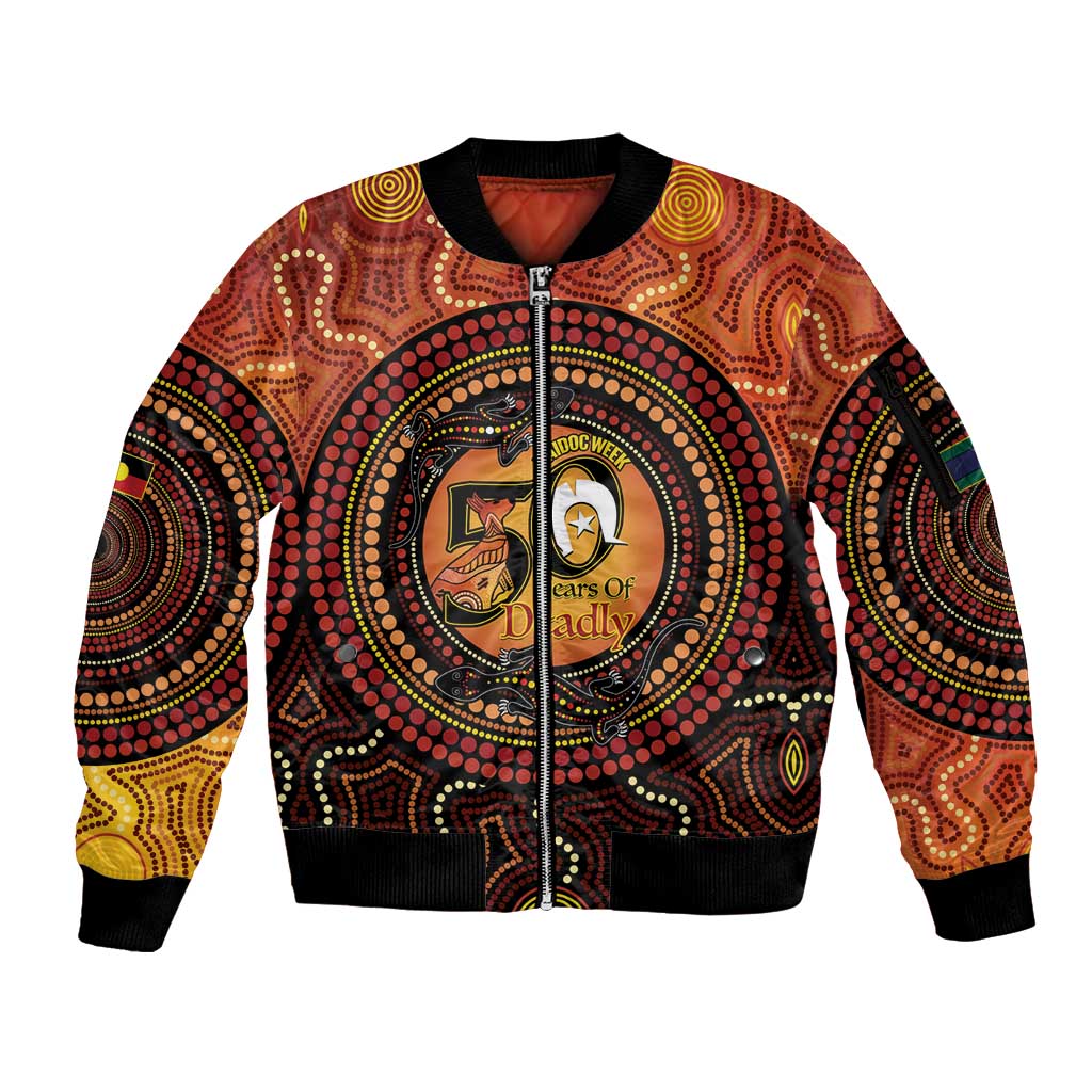 NAIDOC Week 2026 Personalised Sleeve Zip Bomber Jacket 50 Years of Deadly Lizard Kangaroo Aboriginal Art