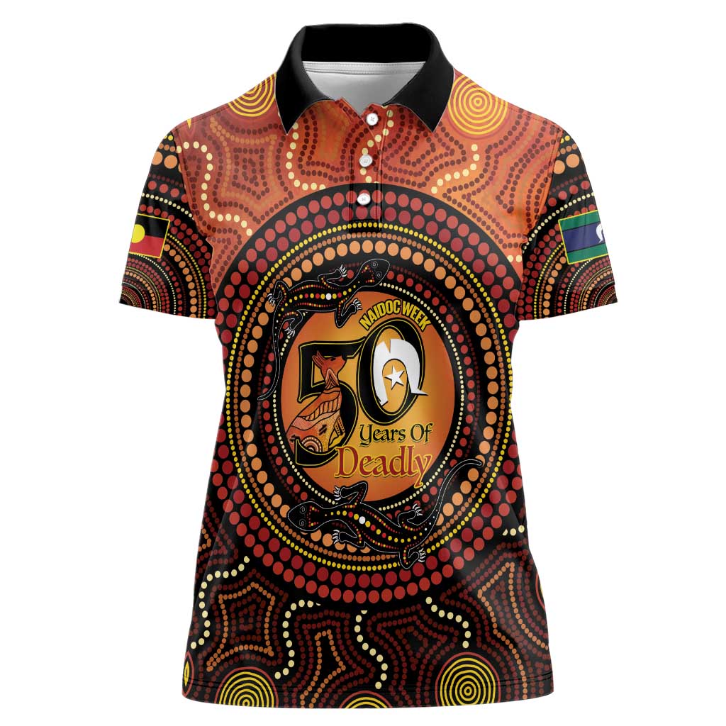 NAIDOC Week 2026 Personalised Women Polo Shirt 50 Years of Deadly Lizard Kangaroo Aboriginal Art