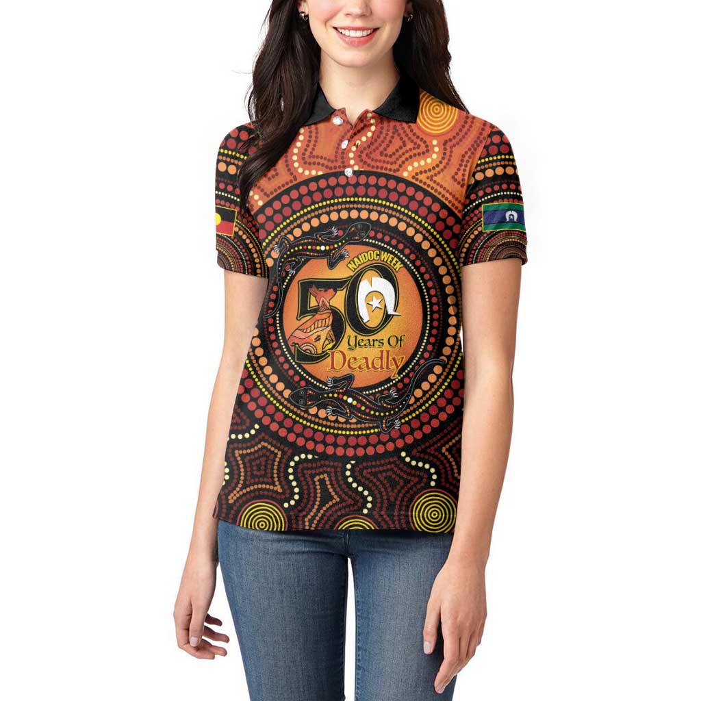 NAIDOC Week 2026 Personalised Women Polo Shirt 50 Years of Deadly Lizard Kangaroo Aboriginal Art