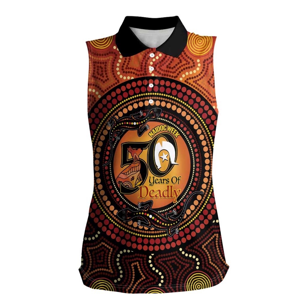 NAIDOC Week 2026 Personalised Women Sleeveless Polo Shirt 50 Years of Deadly Lizard Kangaroo Aboriginal Art