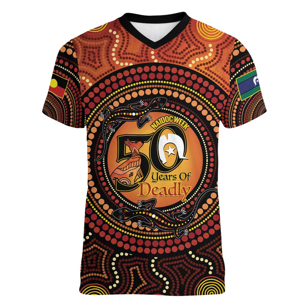 NAIDOC Week 2026 Personalised Women V-Neck T-Shirt 50 Years of Deadly Lizard Kangaroo Aboriginal Art
