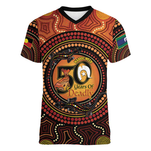 NAIDOC Week 2026 Personalised Women V-Neck T-Shirt 50 Years of Deadly Lizard Kangaroo Aboriginal Art
