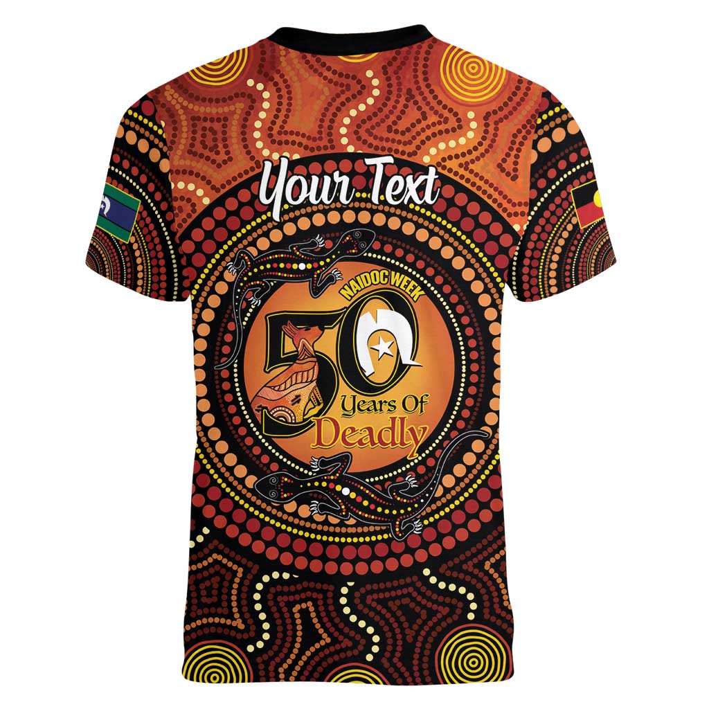 NAIDOC Week 2026 Personalised Women V-Neck T-Shirt 50 Years of Deadly Lizard Kangaroo Aboriginal Art