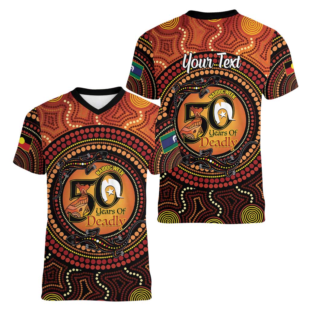 NAIDOC Week 2026 Personalised Women V-Neck T-Shirt 50 Years of Deadly Lizard Kangaroo Aboriginal Art