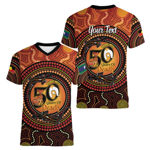 NAIDOC Week 2026 Personalised Women V-Neck T-Shirt 50 Years of Deadly Lizard Kangaroo Aboriginal Art
