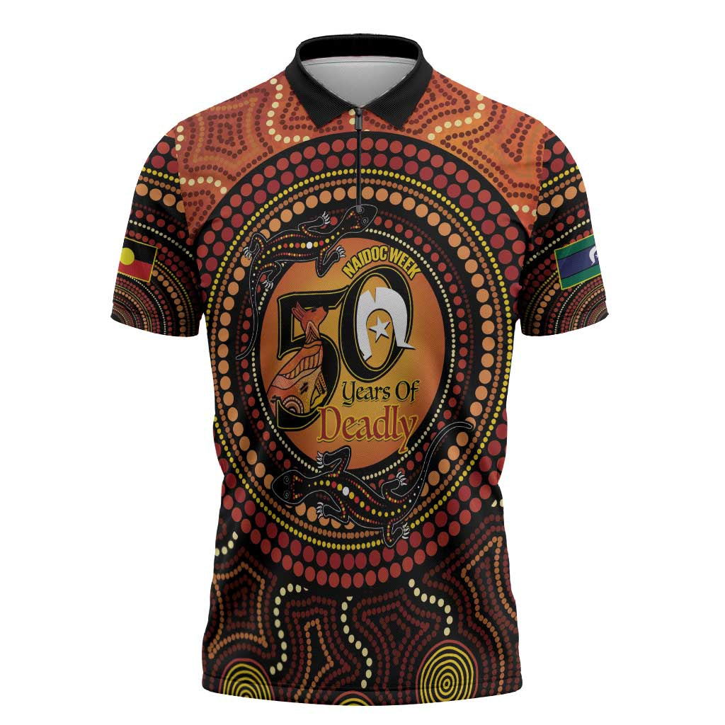 NAIDOC Week 2026 Personalised Zipper Polo Shirt 50 Years of Deadly Lizard Kangaroo Aboriginal Art