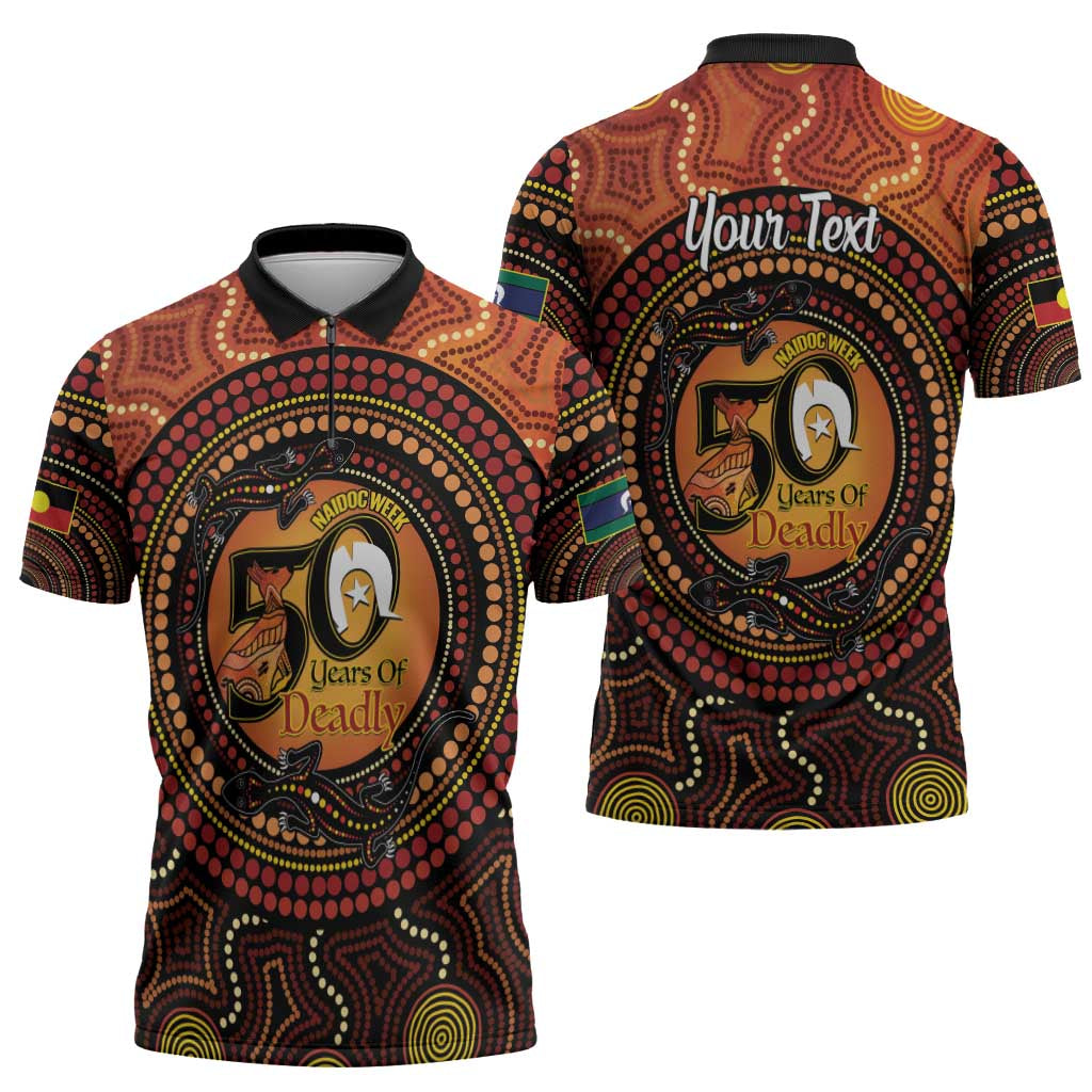 NAIDOC Week 2026 Personalised Zipper Polo Shirt 50 Years of Deadly Lizard Kangaroo Aboriginal Art