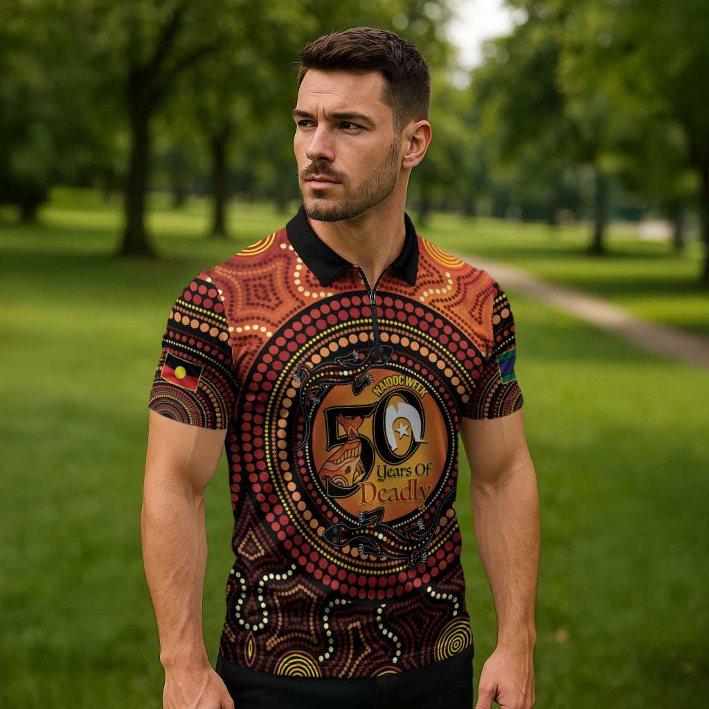 NAIDOC Week 2026 Personalised Zipper Polo Shirt 50 Years of Deadly Lizard Kangaroo Aboriginal Art