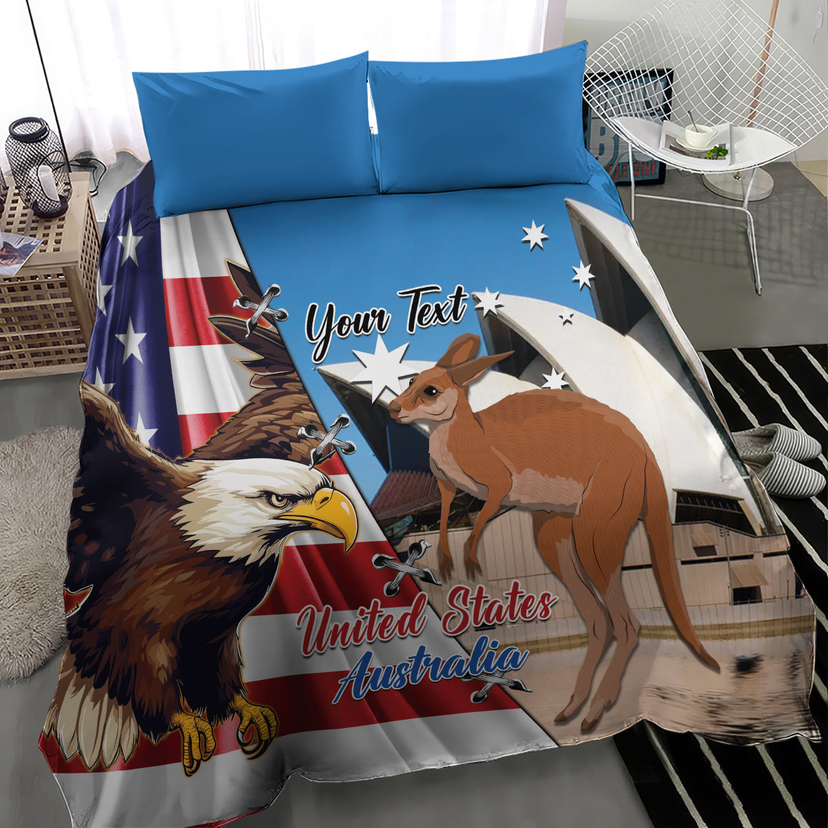 Personalised United States And Australia Bedding Set USA Eagle With Aussie Kangaroo