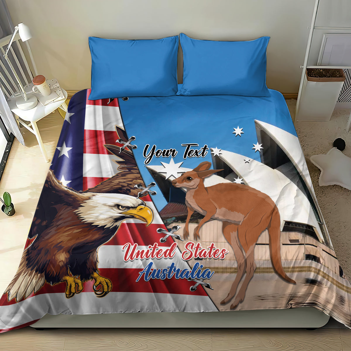 Personalised United States And Australia Bedding Set USA Eagle With Aussie Kangaroo