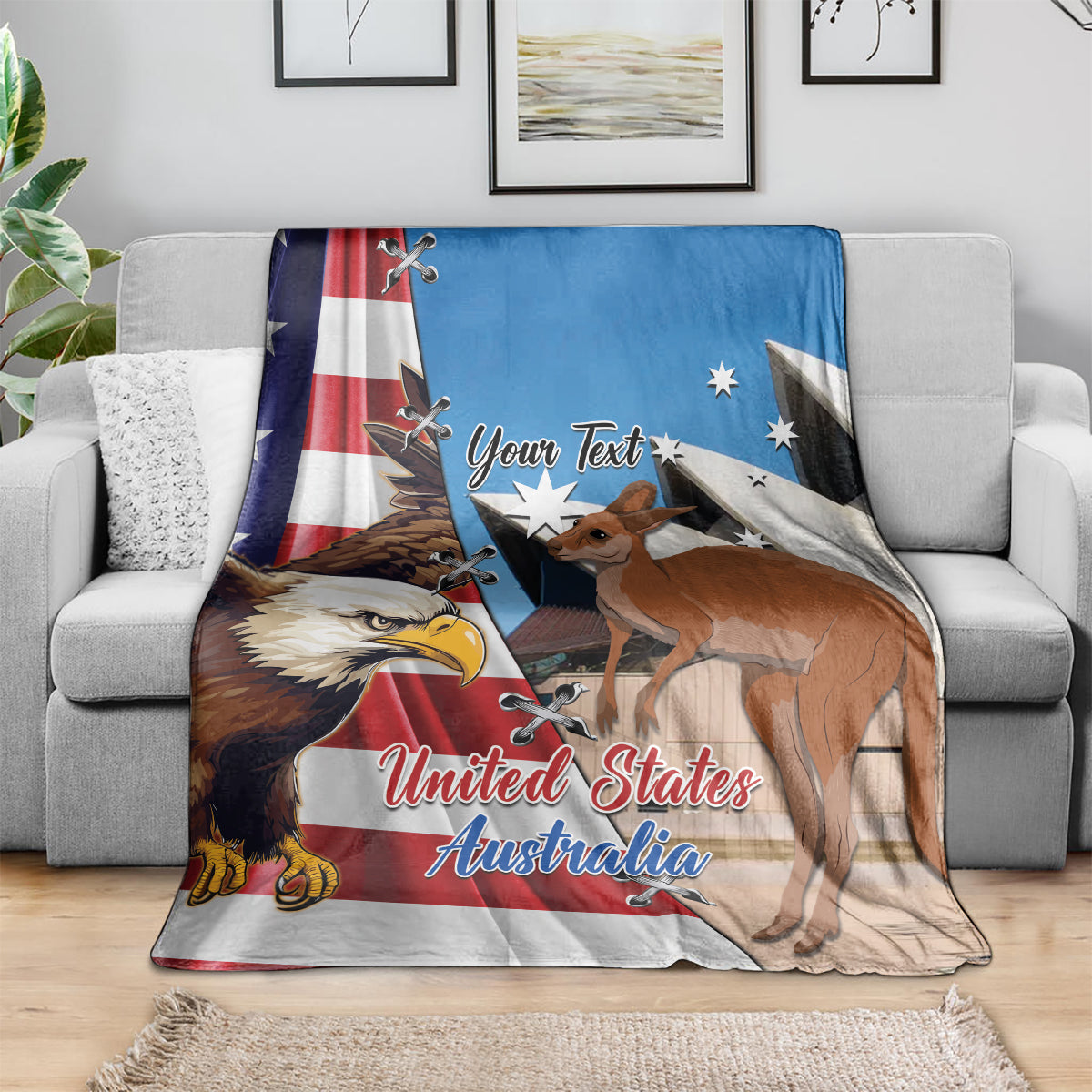 Personalised United States And Australia Blanket USA Eagle With Aussie Kangaroo