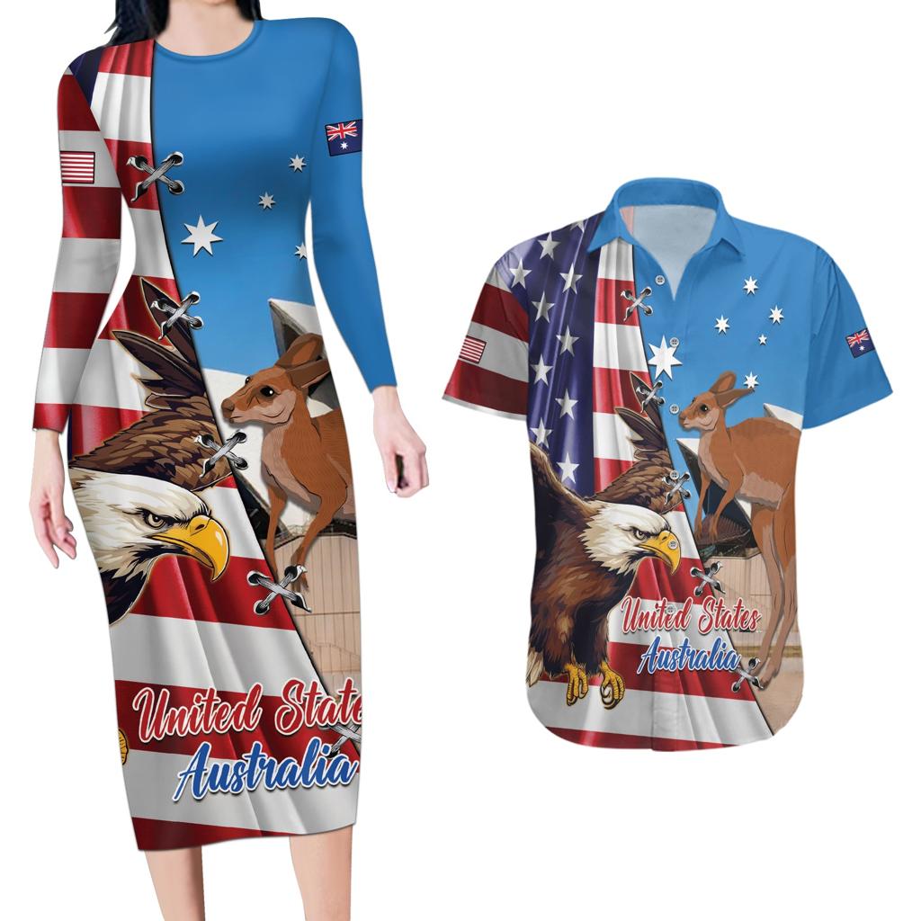 Personalised United States And Australia Couples Matching Long Sleeve Bodycon Dress and Hawaiian Shirt USA Eagle With Aussie Kangaroo