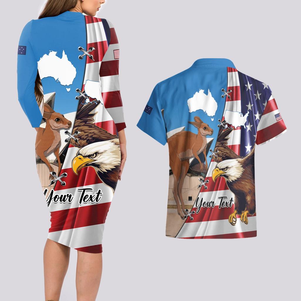 Personalised United States And Australia Couples Matching Long Sleeve Bodycon Dress and Hawaiian Shirt USA Eagle With Aussie Kangaroo