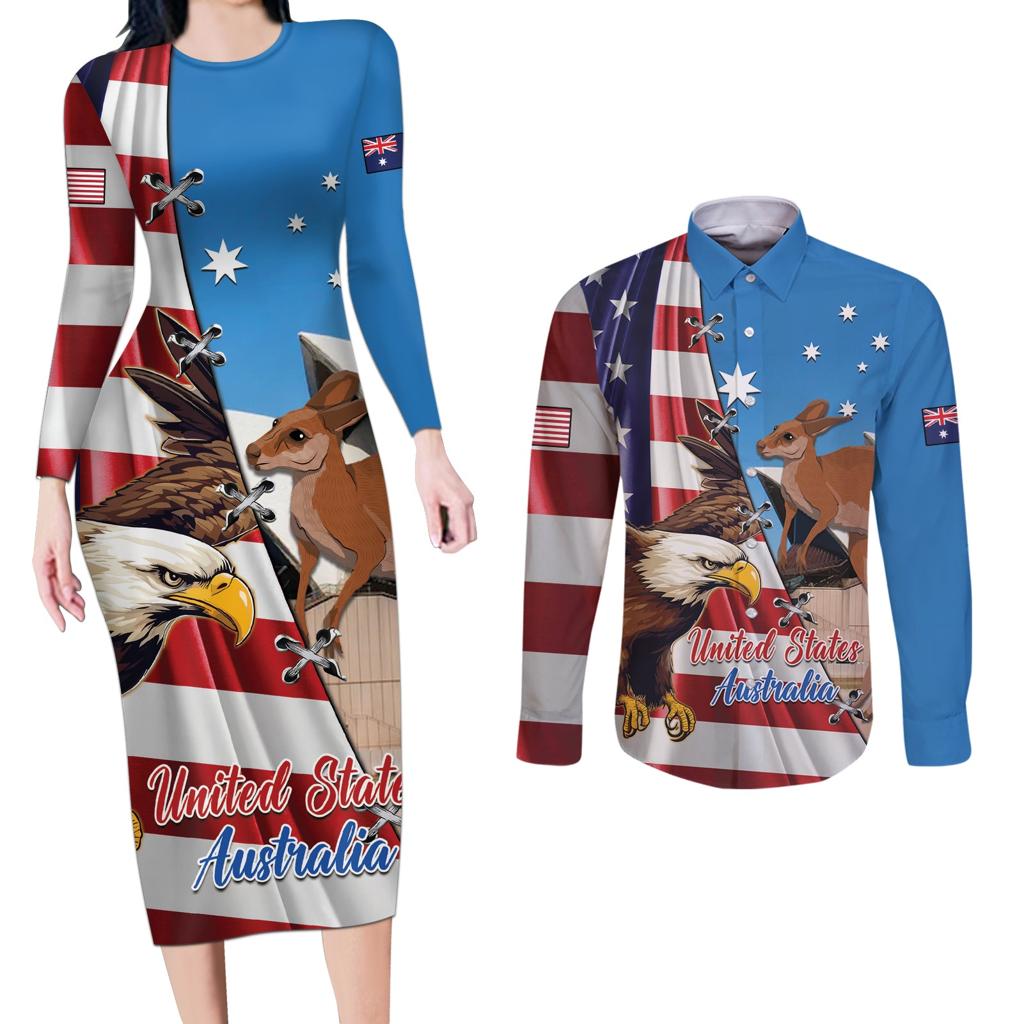 Personalised United States And Australia Couples Matching Long Sleeve Bodycon Dress and Long Sleeve Button Shirt USA Eagle With Aussie Kangaroo