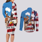 Personalised United States And Australia Couples Matching Long Sleeve Bodycon Dress and Long Sleeve Button Shirt USA Eagle With Aussie Kangaroo