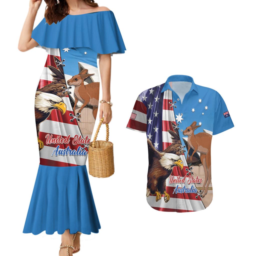 Personalised United States And Australia Couples Matching Mermaid Dress and Hawaiian Shirt USA Eagle With Aussie Kangaroo