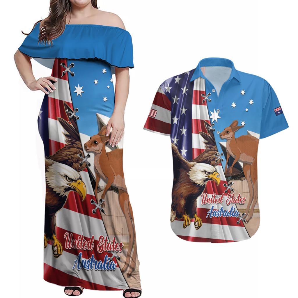 Personalised United States And Australia Couples Matching Off Shoulder Maxi Dress and Hawaiian Shirt USA Eagle With Aussie Kangaroo