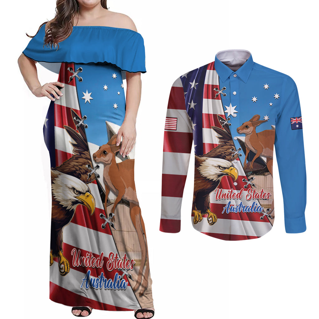 Personalised United States And Australia Couples Matching Off Shoulder Maxi Dress and Long Sleeve Button Shirt USA Eagle With Aussie Kangaroo