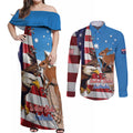 Personalised United States And Australia Couples Matching Off Shoulder Maxi Dress and Long Sleeve Button Shirt USA Eagle With Aussie Kangaroo