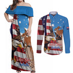 Personalised United States And Australia Couples Matching Off Shoulder Maxi Dress and Long Sleeve Button Shirt USA Eagle With Aussie Kangaroo
