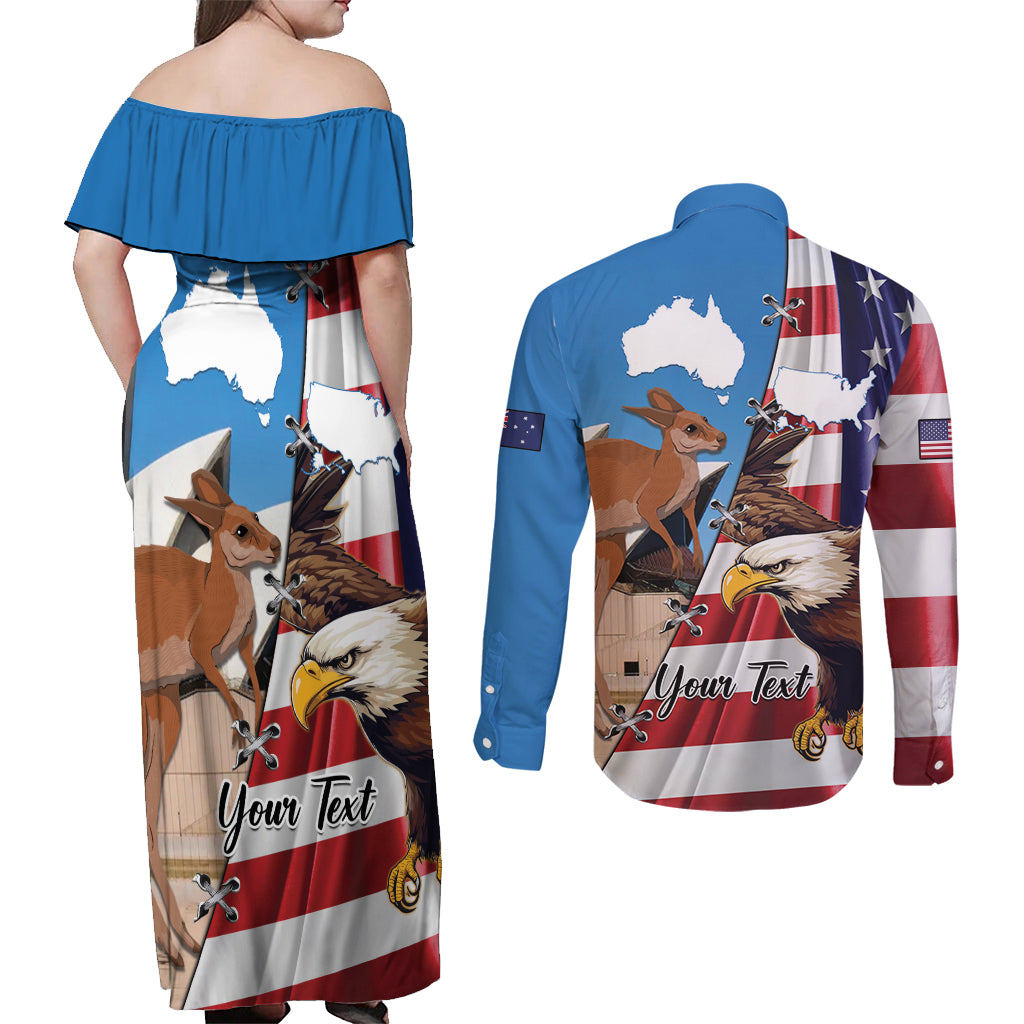 Personalised United States And Australia Couples Matching Off Shoulder Maxi Dress and Long Sleeve Button Shirt USA Eagle With Aussie Kangaroo