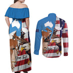 Personalised United States And Australia Couples Matching Off Shoulder Maxi Dress and Long Sleeve Button Shirt USA Eagle With Aussie Kangaroo
