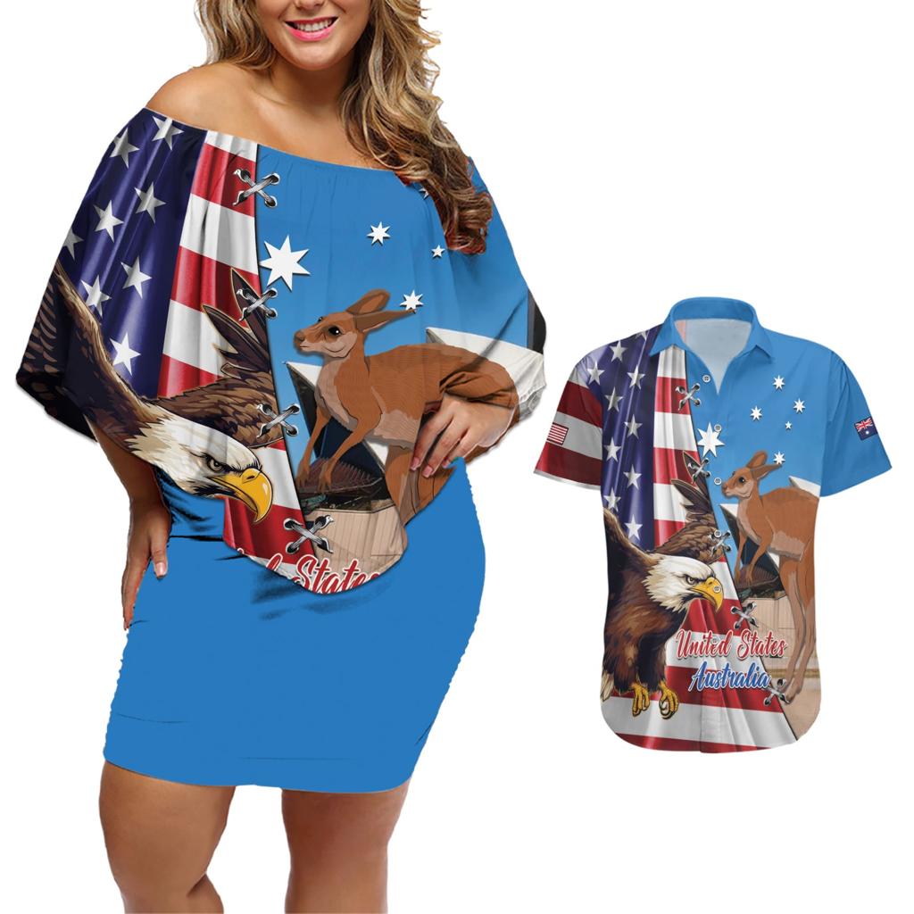 Personalised United States And Australia Couples Matching Off Shoulder Short Dress and Hawaiian Shirt USA Eagle With Aussie Kangaroo