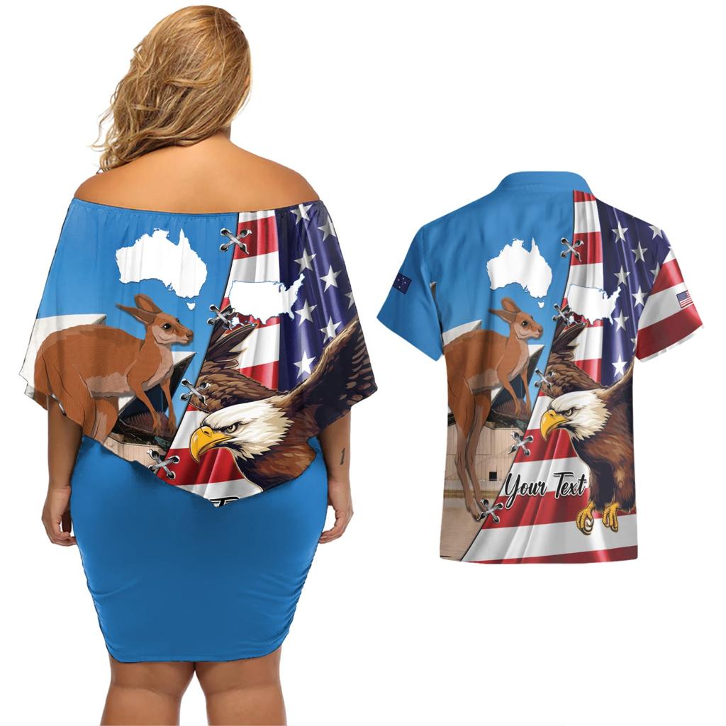 Personalised United States And Australia Couples Matching Off Shoulder Short Dress and Hawaiian Shirt USA Eagle With Aussie Kangaroo