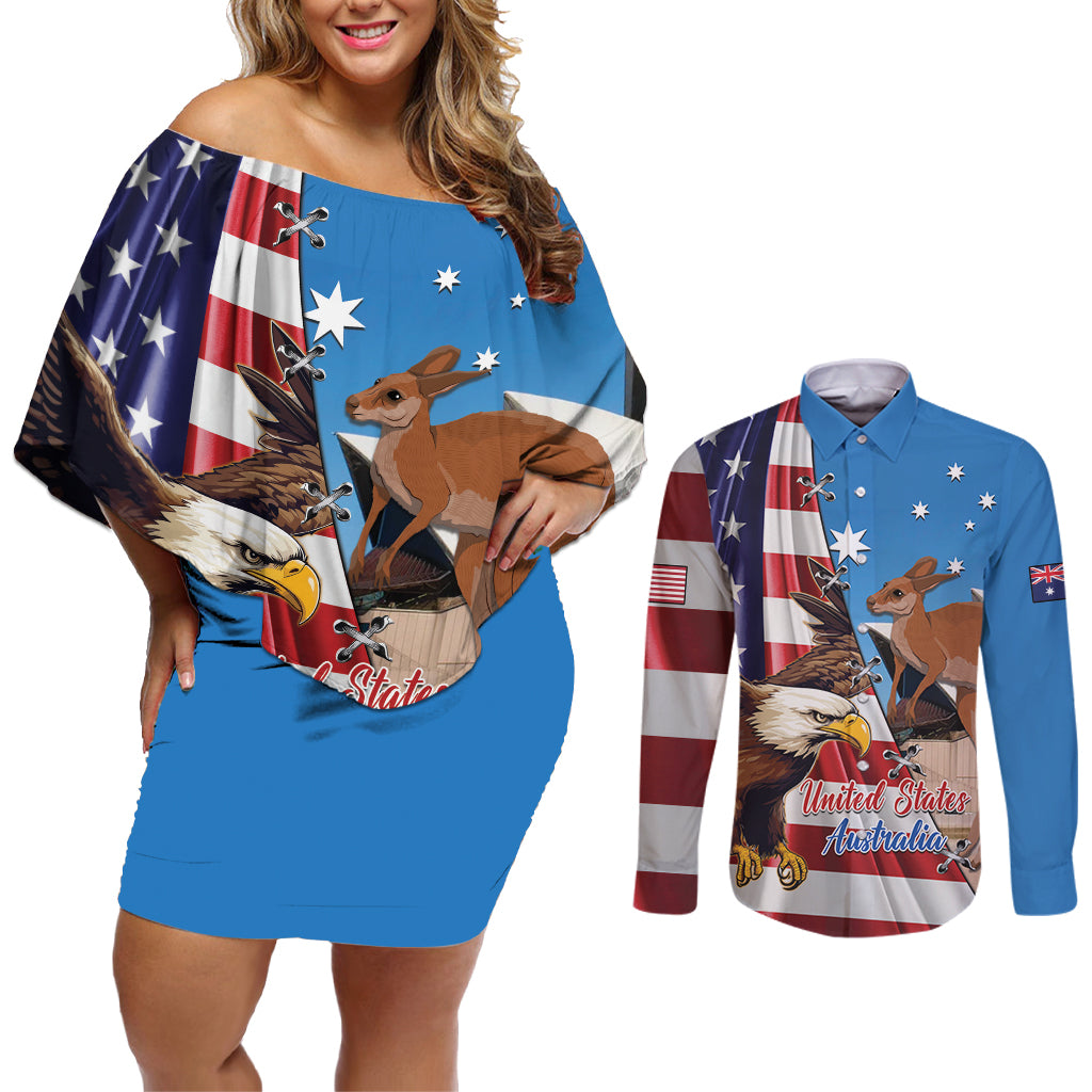 Personalised United States And Australia Couples Matching Off Shoulder Short Dress and Long Sleeve Button Shirt USA Eagle With Aussie Kangaroo