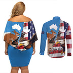 Personalised United States And Australia Couples Matching Off Shoulder Short Dress and Long Sleeve Button Shirt USA Eagle With Aussie Kangaroo