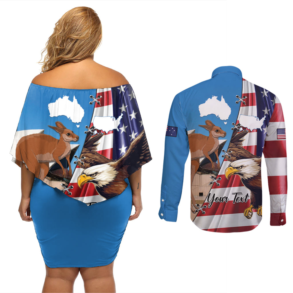 Personalised United States And Australia Couples Matching Off Shoulder Short Dress and Long Sleeve Button Shirt USA Eagle With Aussie Kangaroo