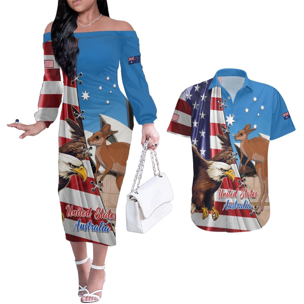 Personalised United States And Australia Couples Matching Off The Shoulder Long Sleeve Dress and Hawaiian Shirt USA Eagle With Aussie Kangaroo