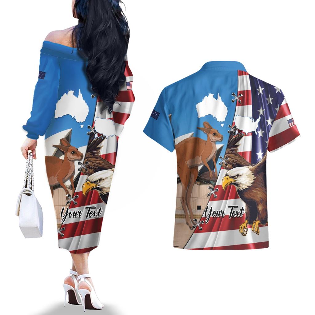 Personalised United States And Australia Couples Matching Off The Shoulder Long Sleeve Dress and Hawaiian Shirt USA Eagle With Aussie Kangaroo