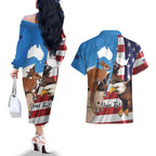 Personalised United States And Australia Couples Matching Off The Shoulder Long Sleeve Dress and Hawaiian Shirt USA Eagle With Aussie Kangaroo