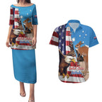 Personalised United States And Australia Couples Matching Puletasi and Hawaiian Shirt USA Eagle With Aussie Kangaroo