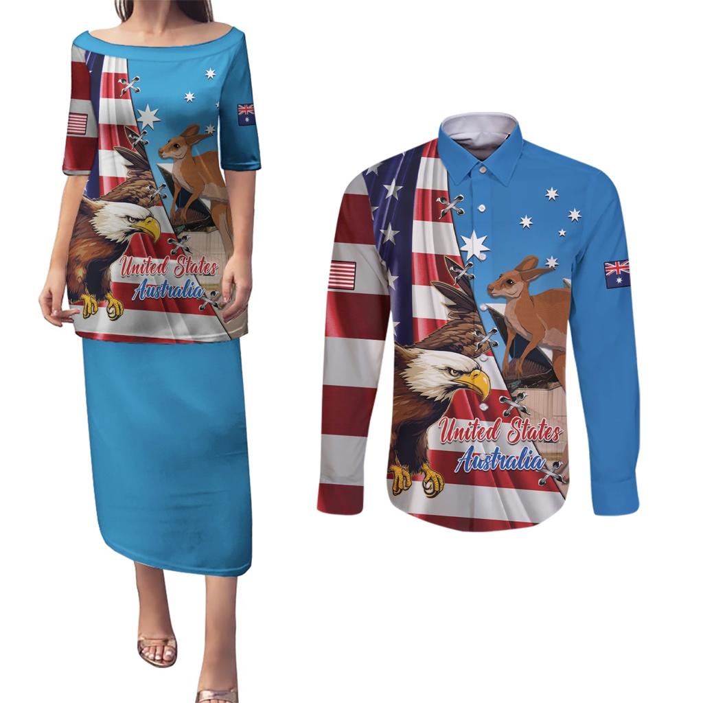 Personalised United States And Australia Couples Matching Puletasi and Long Sleeve Button Shirt USA Eagle With Aussie Kangaroo