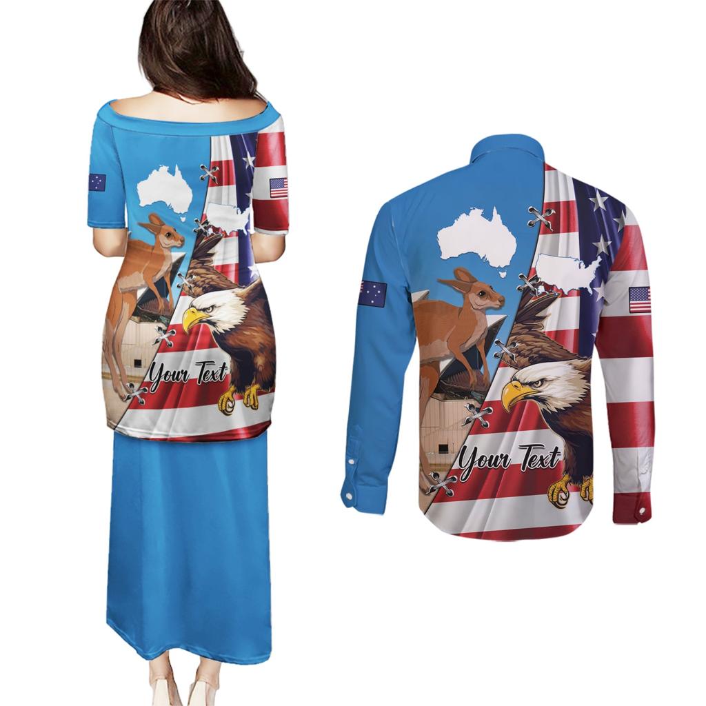 Personalised United States And Australia Couples Matching Puletasi and Long Sleeve Button Shirt USA Eagle With Aussie Kangaroo