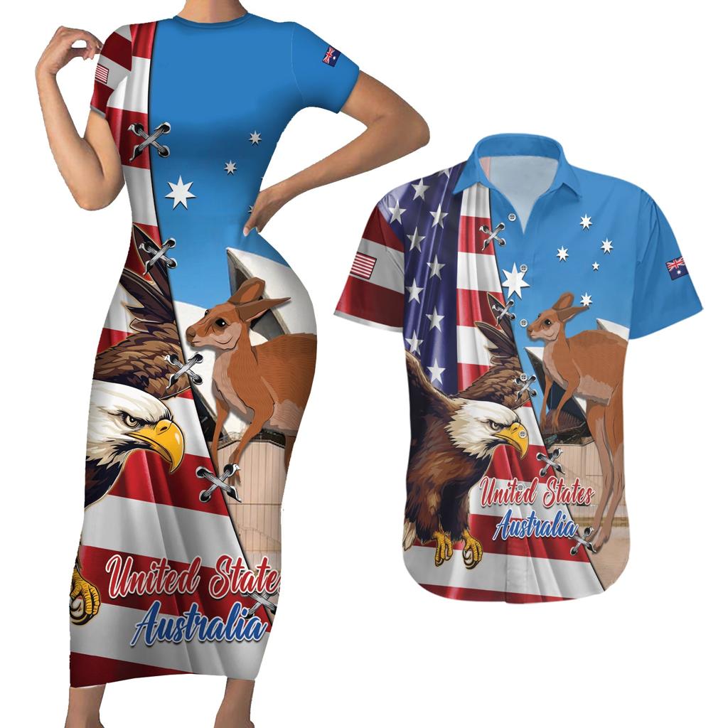Personalised United States And Australia Couples Matching Short Sleeve Bodycon Dress and Hawaiian Shirt USA Eagle With Aussie Kangaroo