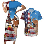 Personalised United States And Australia Couples Matching Short Sleeve Bodycon Dress and Hawaiian Shirt USA Eagle With Aussie Kangaroo