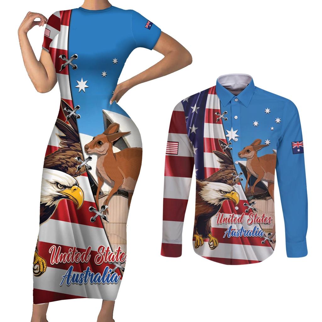 Personalised United States And Australia Couples Matching Short Sleeve Bodycon Dress and Long Sleeve Button Shirt USA Eagle With Aussie Kangaroo