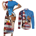 Personalised United States And Australia Couples Matching Short Sleeve Bodycon Dress and Long Sleeve Button Shirt USA Eagle With Aussie Kangaroo