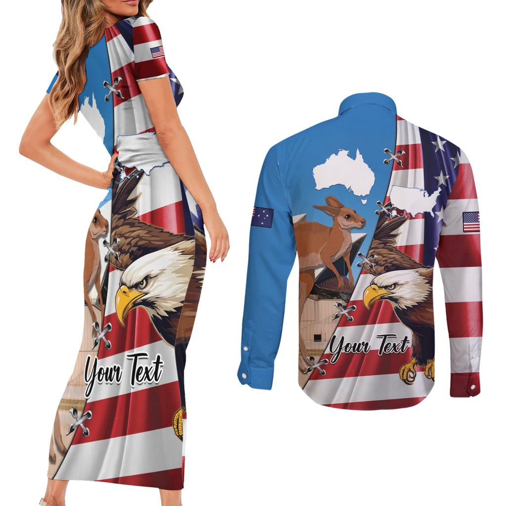 Personalised United States And Australia Couples Matching Short Sleeve Bodycon Dress and Long Sleeve Button Shirt USA Eagle With Aussie Kangaroo