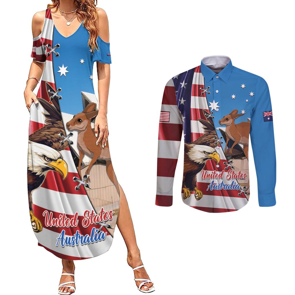 Personalised United States And Australia Couples Matching Summer Maxi Dress and Long Sleeve Button Shirt USA Eagle With Aussie Kangaroo