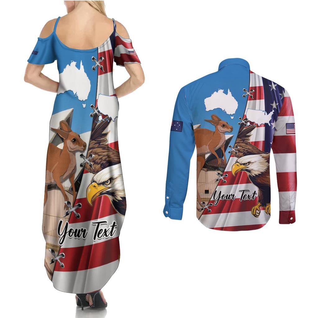 Personalised United States And Australia Couples Matching Summer Maxi Dress and Long Sleeve Button Shirt USA Eagle With Aussie Kangaroo