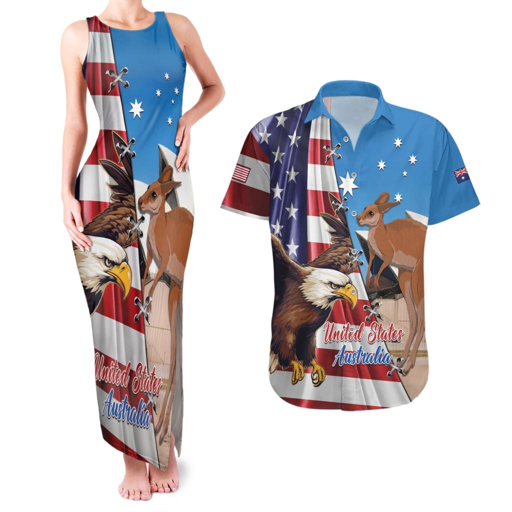 Personalised United States And Australia Couples Matching Tank Maxi Dress and Hawaiian Shirt USA Eagle With Aussie Kangaroo