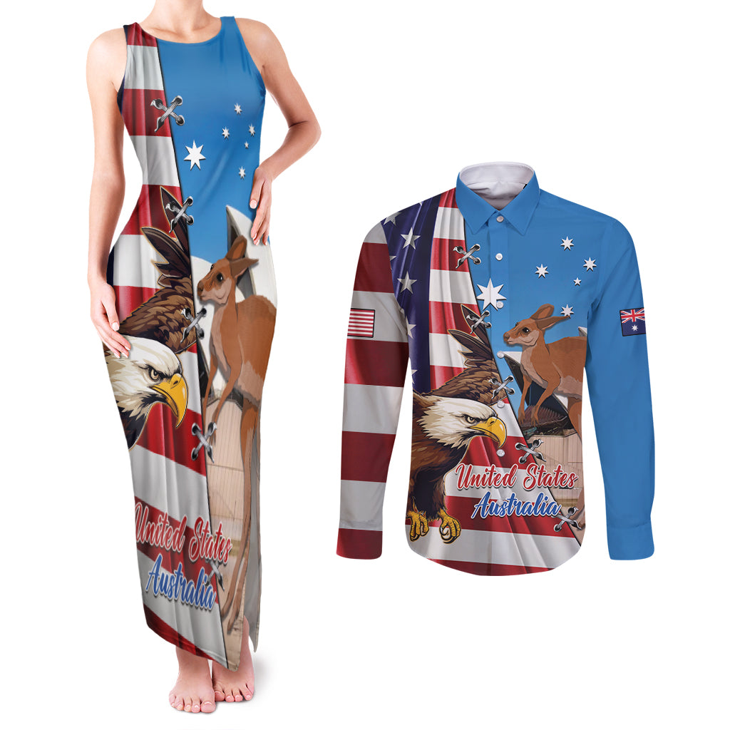 Personalised United States And Australia Couples Matching Tank Maxi Dress and Long Sleeve Button Shirt USA Eagle With Aussie Kangaroo