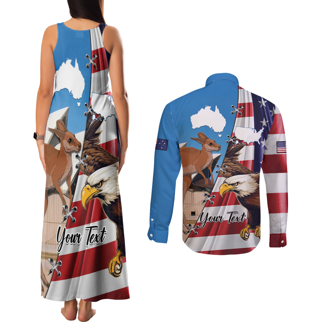 Personalised United States And Australia Couples Matching Tank Maxi Dress and Long Sleeve Button Shirt USA Eagle With Aussie Kangaroo