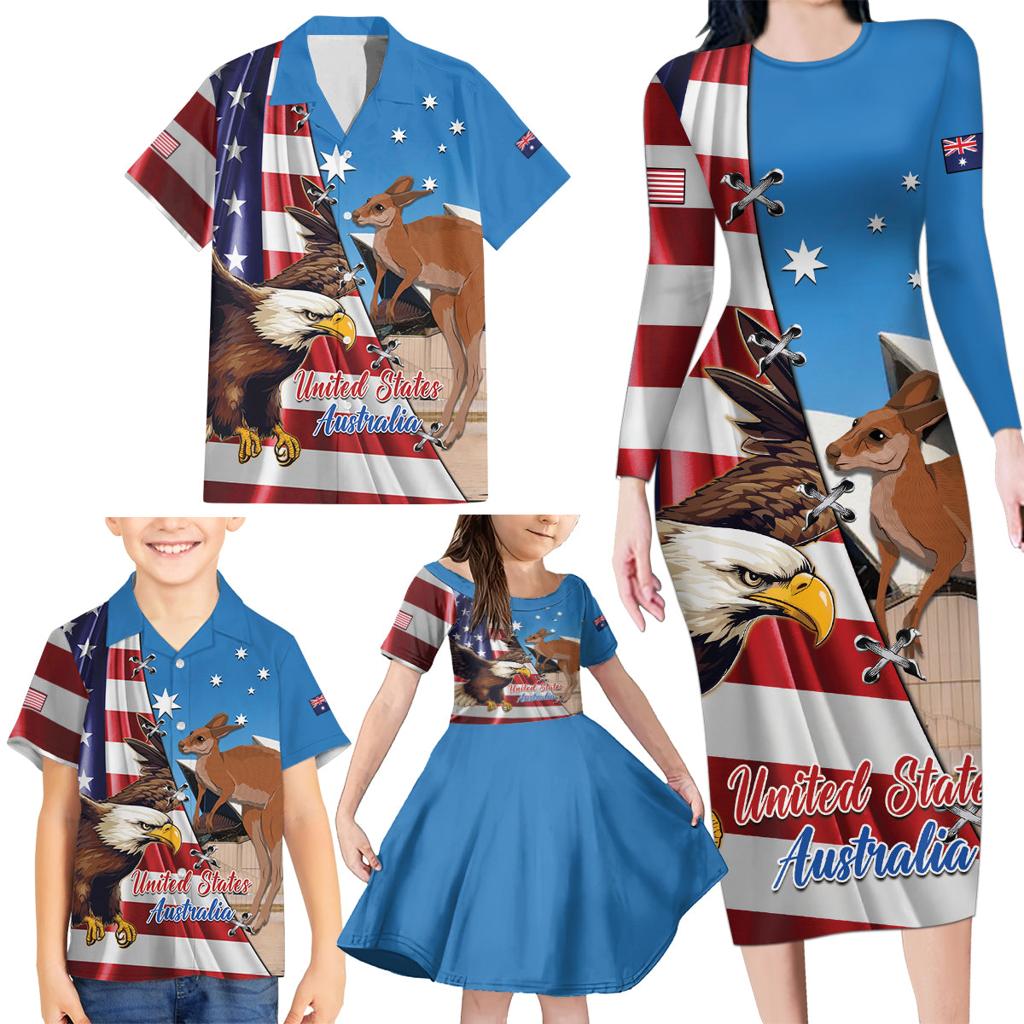 Personalised United States And Australia Family Matching Long Sleeve Bodycon Dress and Hawaiian Shirt USA Eagle With Aussie Kangaroo